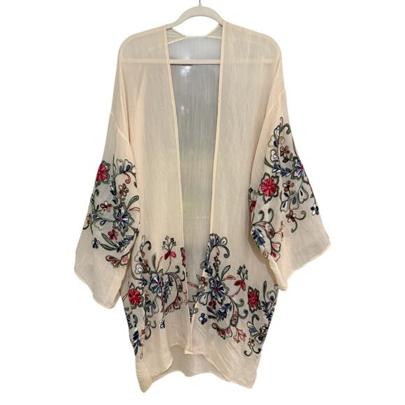 Boho Embroidered Kimono Duster OS Open Front Floral Long Sleeve Cardigan Jacket - Picture 2 of 6